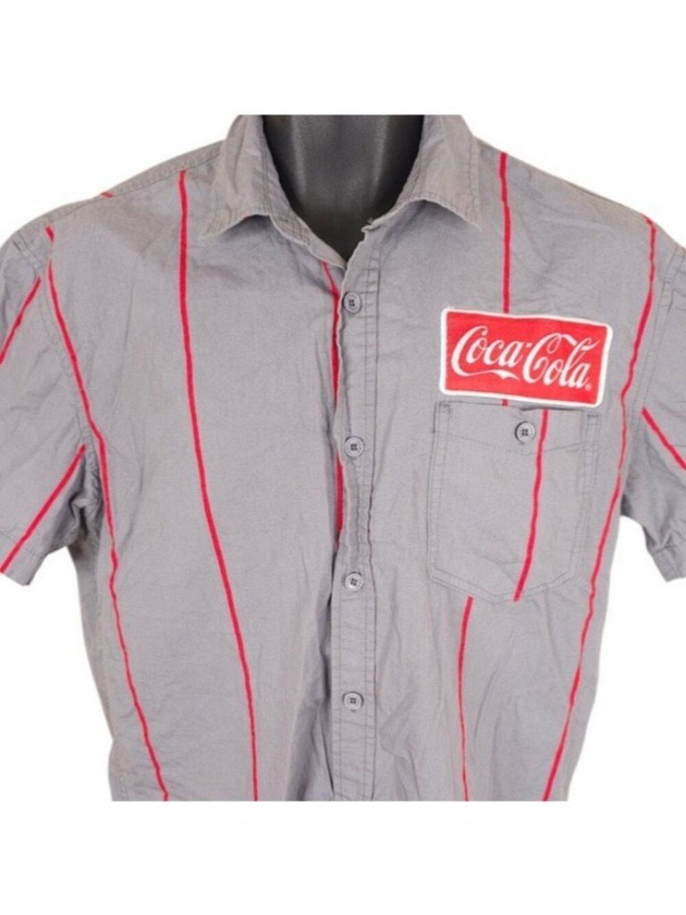 Coca Cola Uniform Shirt Mens Size Medium Gray Red Striped Coke Soda